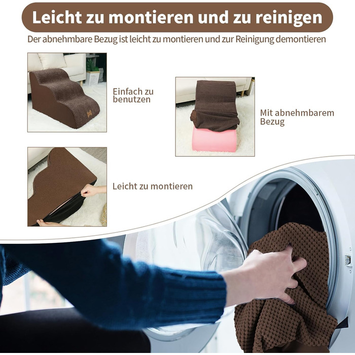 Non-slip Dog Stairs for Small Dogs 2-Step, Pet Stairs for Bed and Sofa made of High-Density Sponge, Dog Stairs Dog Ramp with Removable, Washable Cover and Non-Slip Bottom, 55x40x30cm (3 Steps Brown Dog Stairs)