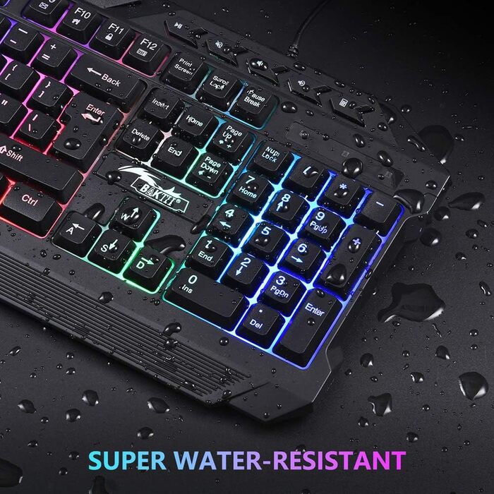 BAKTH Комплект клавіатури та миші для геймінгу, LED підсвічування, QWERTZ, USB, водостійкий, 3600 DPI, для PC геймерів (US Layout)