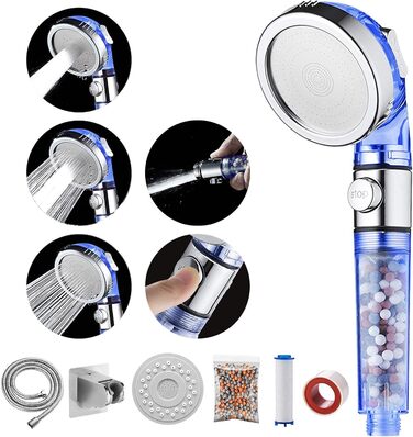 MIAOHUI Blue Eco Filter Showerhead with Ion Filter and Scale Filter, Pressure Boosting Hand Shower, Water-Saving with Filter Equipped, Hose, Holder, PP Cotton, Pack of Filter Balls, Panel