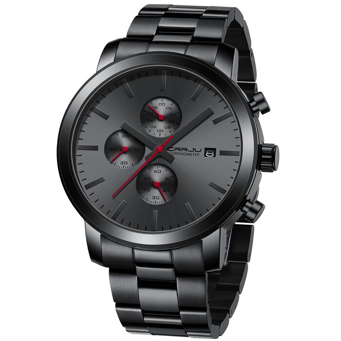 Чоловічий годинник CRRJU з хронографом, сталевий браслет, водонепроникний, чорний, з датою, кварцовий, аналоговий, бізнес-стиль
