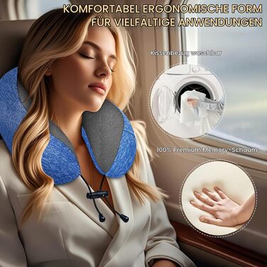 Подушка для подорожей під шию з ефектом пам'яті (Memory Foam) для літака та авто, синя, з 3D-маскою для сну та берушами