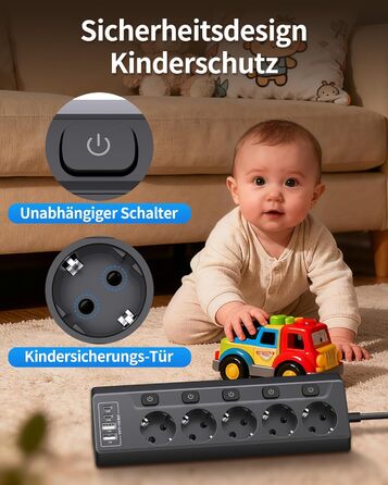 Мережевий фільтр 5-фазний з USB та LED, чорний - для дому, кухні, офісу