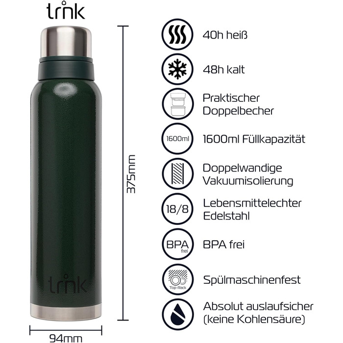 Термос Outdoor Trnk Polar 2 - 1600 мл, нержавіюча сталь, BPA-free, зберігає тепло 40 годин, з 2 стаканчиками, для посудомийної машини (зелений)