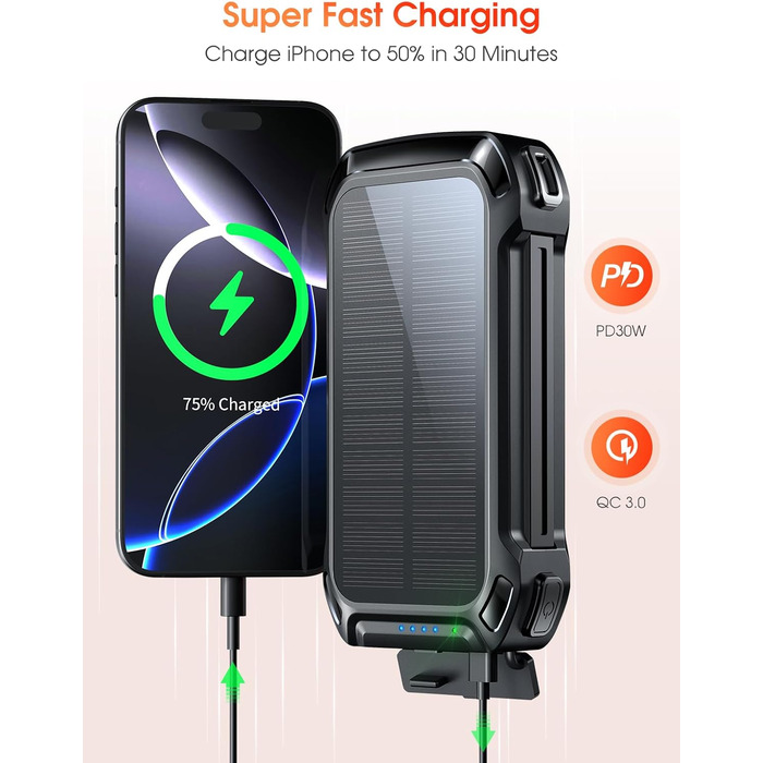 Портативний зарядний акумулятор 26800mAh з сонячною панеллю, 30W PD, 15W Wireless, 3 порти, ліхтарик, для телефонів та планшетів, чорний
