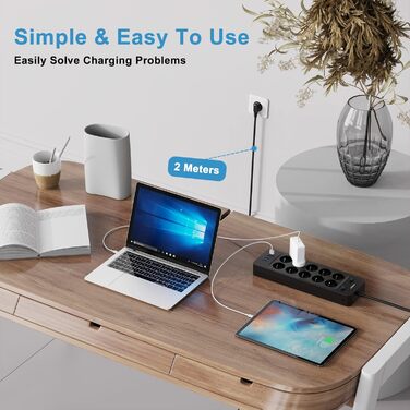 Мережевий фільтр NVEESHOX з 10 розеток, 3 USB-A та 1 USB-C (20W PD), з індивідуальними вимикачами, захист від перенапруги, 2м, для дому та офісу (Чорний)