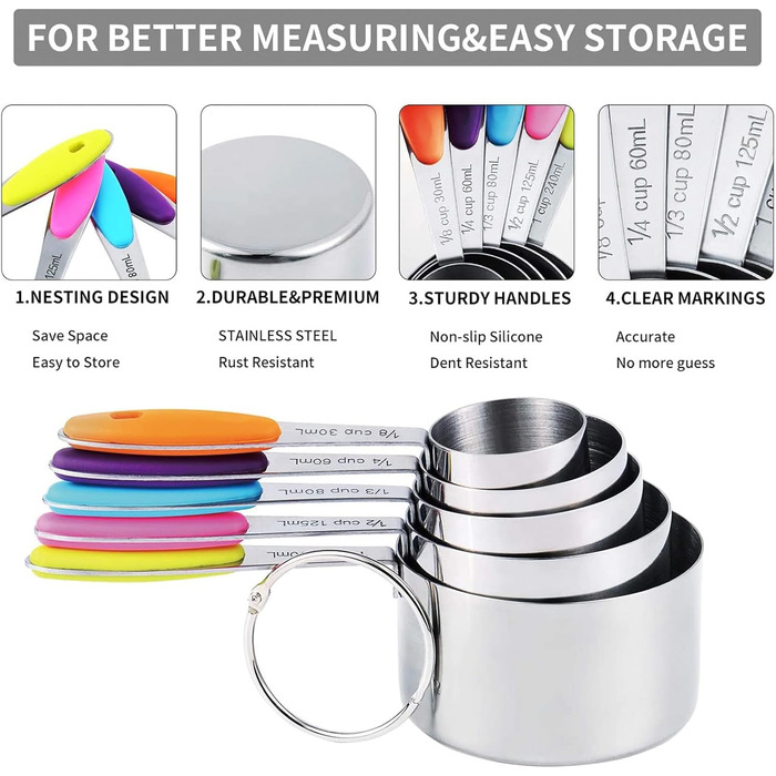 TILUCK Measuring Cups and Magnetic Measuring Spoons, Stainless Steel Measuring Cups, 6 Double-Sided Stainless Steel Measuring Spoons and 1 Leveler (5+7)