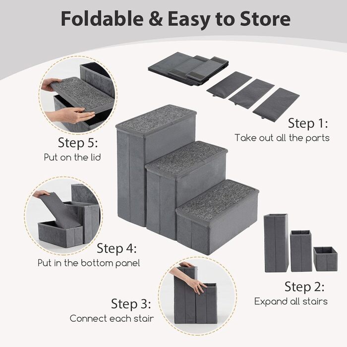 Сходи для собак SOARS, складані, з місцем для зберігання, неслизькі, до 50 кг, для котів та собак, під ліжко/диван (сірий, 3 сходи, 38 x 51 x 45 см)