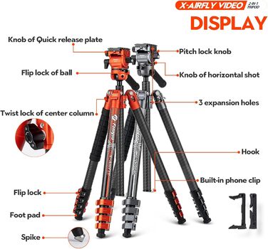 Штатив для відеокамери Fotopro X-Airfly з рідкосирої головкою, кульковою головою, з вуглецевого волокна, сірий. Підходить для DSLR-камер, витримує до 15 кг.