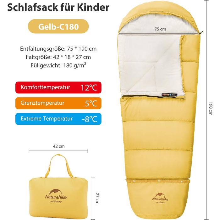 Дитячий спальний мішок Naturehike C100-Gelb для кемпінгу та подорожей (бавовна)