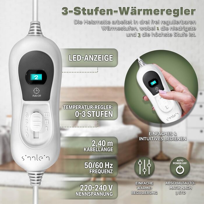 Електрична ковдра Sinnlein Doppel-Wärmeunterbett 160x140 см з автовимкненням та 2 зонами нагріву | 3 температурні режими | Підкладка під ковдру з м'якого флісу, антрацит | Без візерунку 160 x 140 см