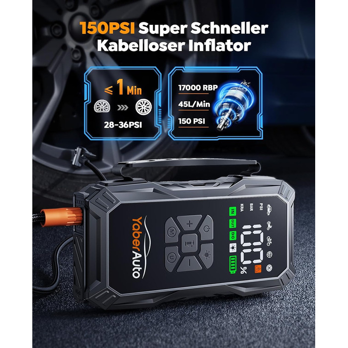 Powerbank для авто YaberAuto з компресором, 6000A, 23800mAh, 150PSI, Jump Starter (для бензинових та 10.0L дизельних двигунів), LCD дисплей, 500 люмен, аварійне світло