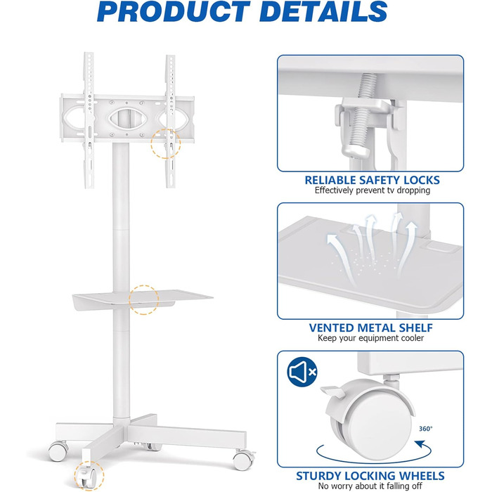 Rolling TV Stand with Wheels - Adjustable Height Mobile TV Trolley for 27-60 inch TVs - VESA 400x400 - 40kg Capacity - White