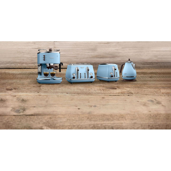 De'Longhi Icona Vintage KBOV2001.AZ Kettle - 1.7 l with water level indicator and 360° base, stainless steel with elegant retro look and chrome details, blue, 23x25x23, Azur Azur Single