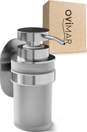 ovimar Soap Dispenser Kegnaes | Silver | Wall Mounting without Drilling | Made of Stainless Steel and White Glass | Extra Large Opening, Easy to Refill | For Bathroom or Kitchen | Hand Sanitizer Dispenser