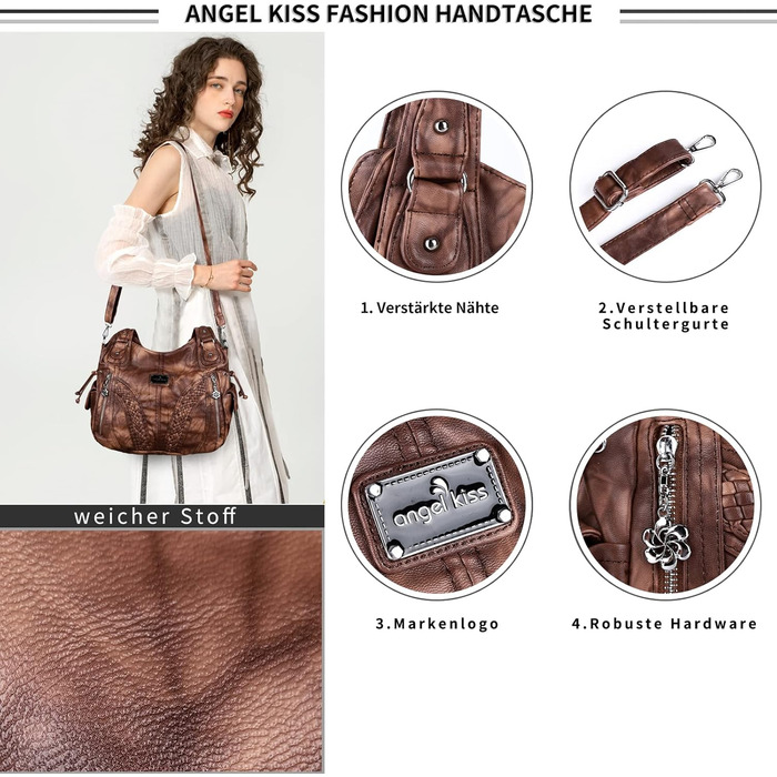 Сумка жіноча AngelKiss через плече, водонепроникна PU шкіра, коричнева. Багатофункціональна сумка-месенджер з кишенями на блискавці