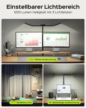 LED лампа настільна Jackyled з 3 регульованими головками, диммер, пульт, для монітора, офісу, майстерні, 5 рівнів яскравості та кольорових температур