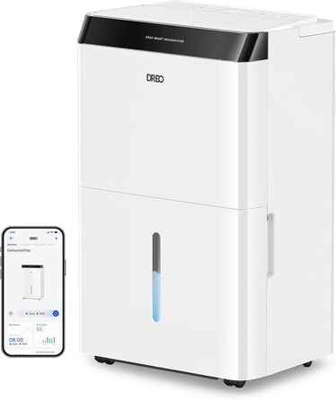 Dreo Розумний осушувач повітря /24h, для приміщень 37 м² – енергоефективний та тихий – керування через App & Alexa – 3 режими, таймер, регульована вологість, з відводом води, для спальні та ванної кімнати, білий (20L, чорний)
