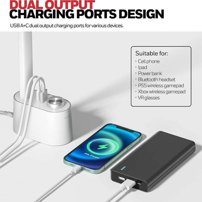 LED настільна лампа Honeywell з USB-портами, регульоване освітлення, захист очей, Sunturalux™ для офісу та дому, складна конструкція, білий колір