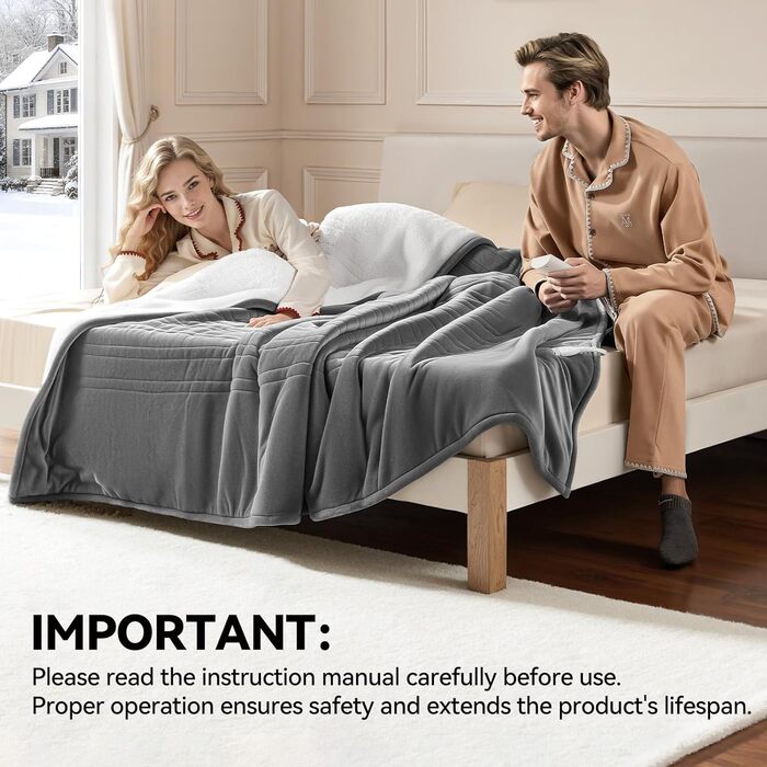 Електрична ковдра з підігрівом, 9 зон нагріву, таймер 1-9 годин з функцією пам'яті, швидкий нагрів, рівномірний розподіл тепла, двостороння фланель та штучне хутро, 160x120 см (для 1 особи/дивану) / 200x180 см (для 2 осіб/двоспального ліжка)