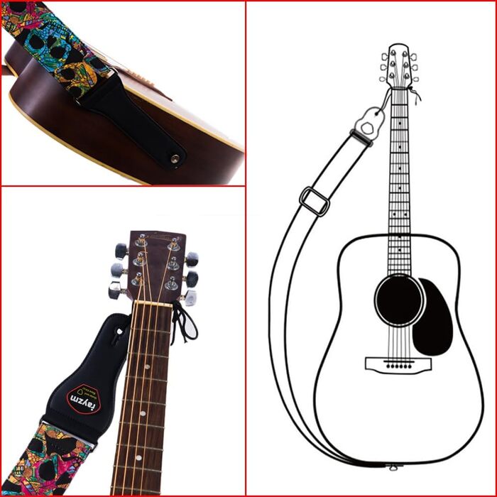 Гітарний ремінь Rayzm для акустичної, електрогітари та бас-гітари з баскліком та дизайном черепа, 6.5 см, для дорослих