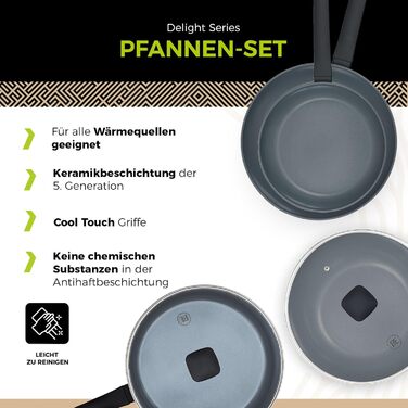 Набір сковорідок Be Living Delight 4 шт. (20/24/28 см + Вок 28 см з кришкою), антипригарне покриття з кераміки, для індукційних плит, без PTFE та PFOA, чорний