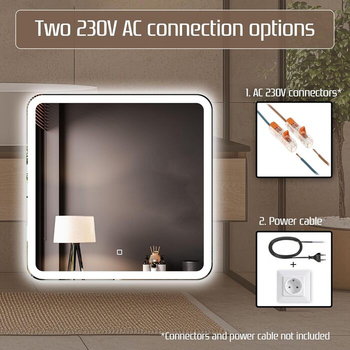 Дзеркало для ванної кімнати Venti 60x60 см з підсвічуванням та сенсорним вимикачем, LED дзеркало для ванної, квадратне дзеркало на стіну