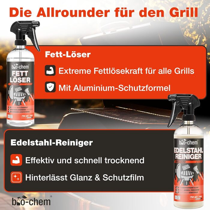 Bio-Chem Grill Cleaning and Care Set Professional Box 9-Piece: Smoke Residue Remover 1L (including spray bottle) + BBQ Cleaner 750ml + Stainless Steel Cleaner 750ml + Foam Sprayer + Grill Brush & Grill Sponge