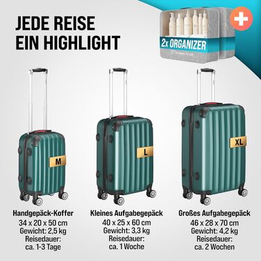 Набір валіз Monzana® 3шт. Зелений - M-L-XL з замком, органайзером та вагами - з гелевими ручками, подвійними колесами, підставкою, валіза-тележка, валіза з жорстким корпусом, багажний набір