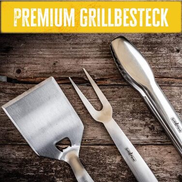 Преміум набір інструментів для барбекю Grillfürst з нержавіючої сталі, 3 предмети: щипці, лопатка, вилка, з петлями для підвішування, подарункова упаковка