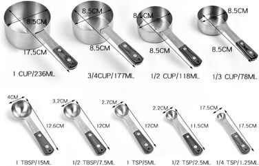 9-Piece Measuring Cup Set with Hanging Handles, Measuring Spoons, Coffee Spoons, Stainless Steel, Non-Toxic, Professional Kitchen Measuring Set for Cooking and Baking.