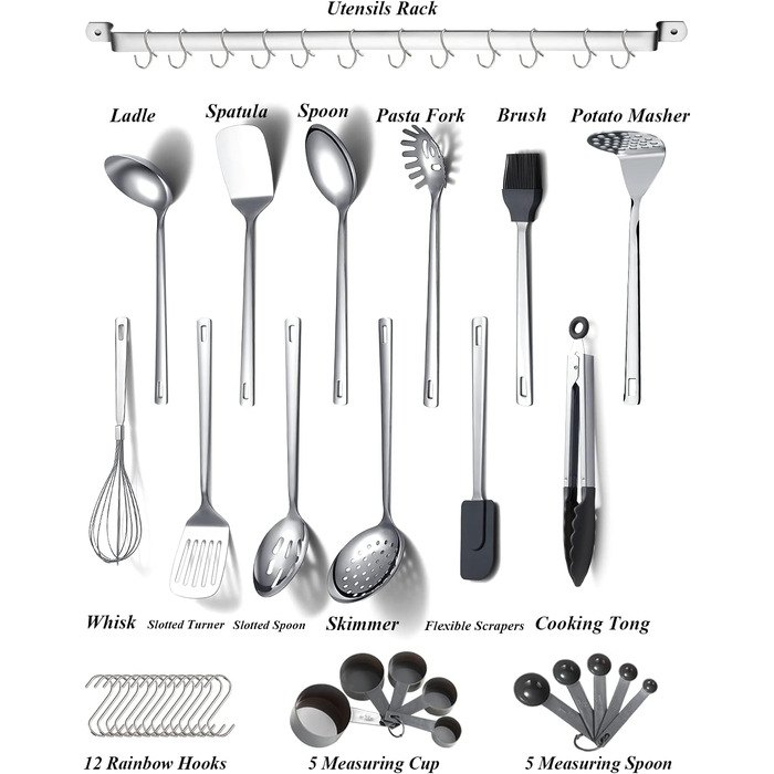 Kyraton Stainless Steel Kitchen Utensils Set, 37-Piece, Kitchen Helper Set, Kitchen Tool Set with Utensil Holder, Cooking Spoon Set Dishwasher Safe