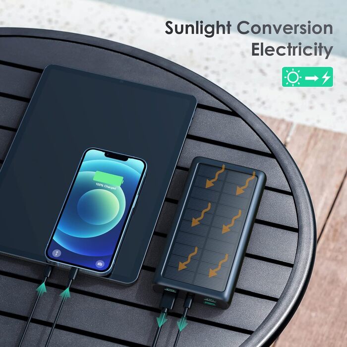 Портативний зарядний акумулятор Power Bank 26800mAh з сонячною панеллю, 15W PD3.0A USB-C, 5 виходів, LED-ліхтарик, для кемпінгу, сумісний з iPhone, Huawei та ін.