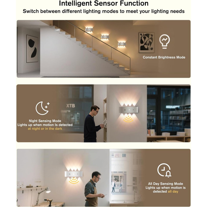 LED-стінні світильники на батарейках YrgePowk (2 шт.) з датчиком руху, USB-зарядка, 3 кольори, бездротові, білі