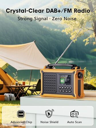 ROCAM Радіоприймач на ручку DAB+/UKW, портативне аварійне радіо з сонячною панеллю 8500 мм² та ручкою 650mA, цифрове радіо з Bluetooth, 2.4' кольоровий дисплей, 80 станцій, SOS, LED ліхтарик, USB, IPX6 для кемпінгу (Жовтий)