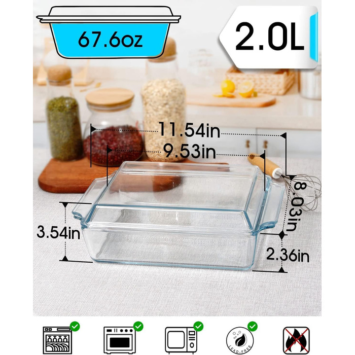 Прямокутна форма для запікання з кришкою, 2L, 24x20x6 см, скляна форма для лазаньї на 2 порції, для мікрохвильової печі та духовки