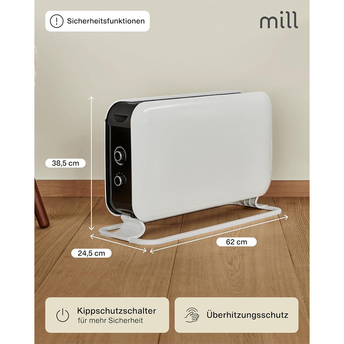 Електричний конвекторний обігрівач Mill 2000W з термостатом, 24-28 м², білий – MEC. Тиха електрична теплова гармата для дому.