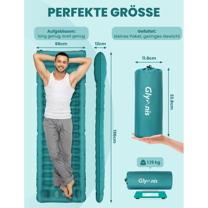 Glymnis Isomatte Camping Air Mattress - 9cm Thick, with Foot Pump & Pillow - Ultralight Outdoor Sleeping Pad for Camping, Hiking, Travel - Army Green/Turquoise
