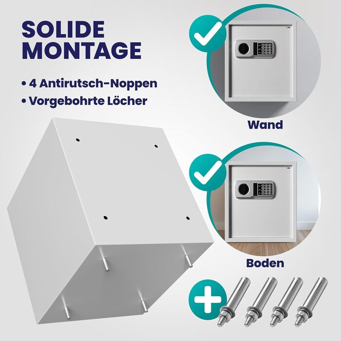 DEUBA® XXL електричний сейф 35x40x40 см, 4 мм, з подвійними сталевими болтами, внутрішнім освітленням, монтажним комплектом. Сейф для документів, меблевий сейф, срібний