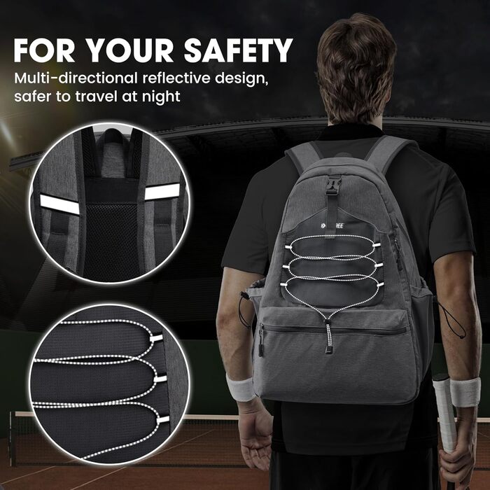 G4Free Tennis Bag Backpack - Large Capacity Tennis Racket Bag with Shoe Compartment for Men & Women (Grey)