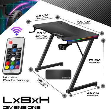 Ігровий стіл KESSER Gaming 120x60 см, Z-подібний комп'ютерний стіл з карбоновим покриттям, підставкою для напоїв та гачком для навушників, чорний