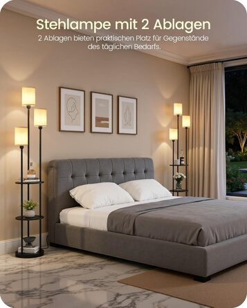 Стельова лампа для вітальні з поличкою, 3-хламкова лампа на ніжці з полицею Vintage, Бохо підлогова лампа з дерева з вимикачем на ніжці, патрон E27, ретро-дизайн, рустикальний коричнево-бежевий колір ZEF53LDD05 (Бежевий, Чорний)