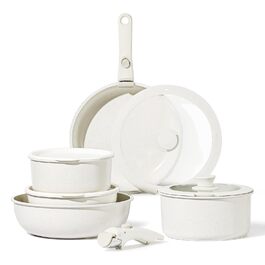 Набір посуду з антипригарним покриттям 11 предметів з знімними ручками. Підходить для індукційних, газових плит, духовки та мийки. Без PFAS (білий)