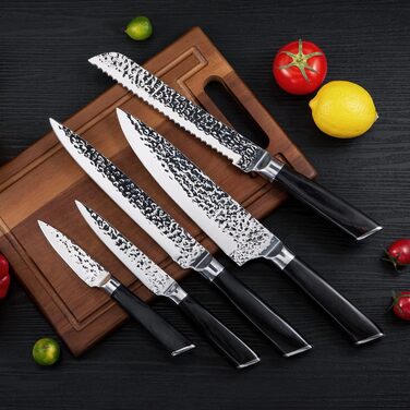 Набір кухонних ножів Messerblock 6-TLG з блоком: професійний набір з нержавіючої сталі з ергономічною ручкою з ебену, кухонний, м'ясний, хлібний, універсальний та овочевий ножі