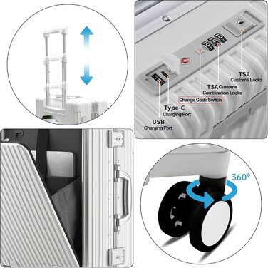 Чемодан ручної поклажі 56 см, 20 дюймів, з алюмінієвим каркасом, PC корпус, 4 колеса, TSA замок, USB-порт, тримач для напоїв, білий