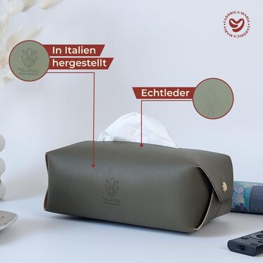 Luxury for your tissues - box made of Italian leather, perfect for living rooms, bathrooms, kitchens, offices/practices, cars, and hotel rooms (Olive)