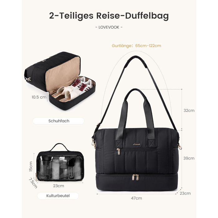 Сумка-рюкзак LOVEVOOK для жінок, велика дорожня сумка-рюкзак з відділенням для взуття та мокрих речей, 40L, 2 шт., чорний