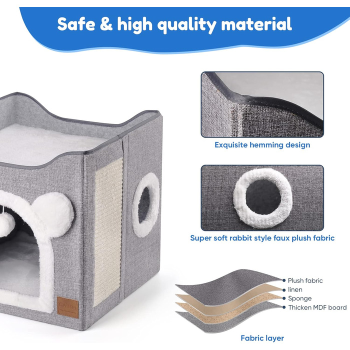 Foldable Cat House, 2-Tier Cat Cave Cube Large Space Cat Bed with Scratching Board and Play Ball for Small to Medium Pets Indoor Retreat 40 * 40 * 35cm Grey
