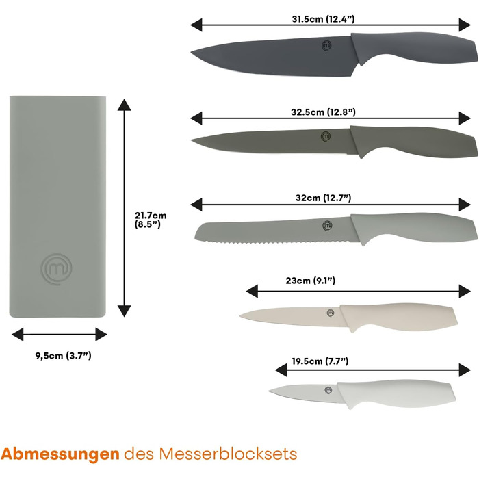 MasterChef 5-Piece Knife Block Set - Stainless Steel Kitchen Knife Set with Chef's Knife, Santoku, Bread Knife, Utility Knife & Vegetable Knife - Sharp, Black Soft-Touch Handles
