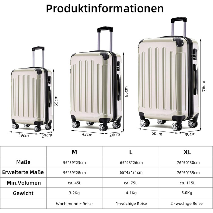 Набір валіз Beibye 3шт. з жорстким корпусом, для подорожей, Trolley, Rollkoffer, Champagne