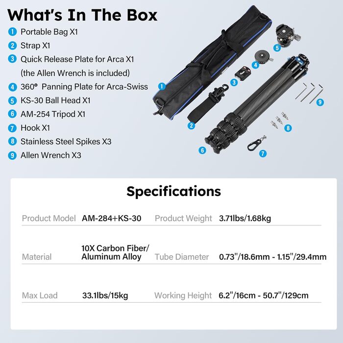 Штатив SIRUI AM-284 з вуглецевого волокна 130 см + Kugelkopf KS-30. Професійний компактний штатив для камери, швидка заміна, вантажопідйомність до 15 кг